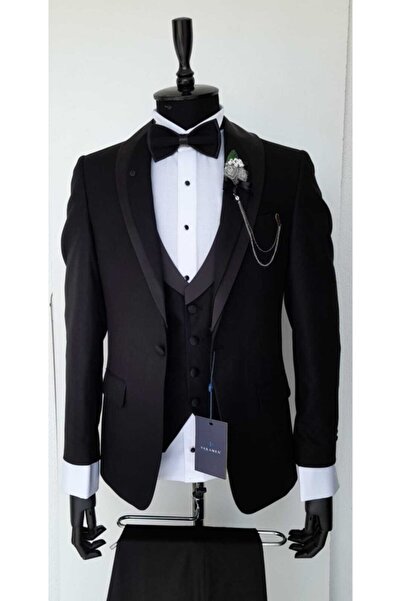 Vakamen Damatlık Yelekli Siyah Slim Fit Takım Elbise