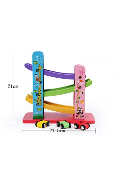 Mofy Baby Montessori Eğitici Ahşap Oyuncak 3 Yollu Renkli Kaydırak Yarış Arabaları Otoyol Oyunu