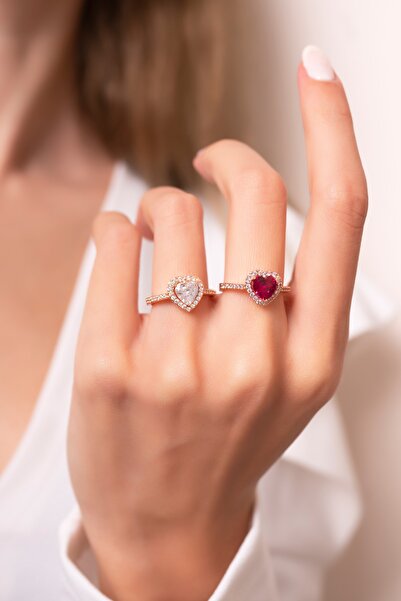 Eva Jewelry Kalp Tektaş Model Kırmızı Ve Beyaz Taşlı 14 K Rose Gold Kaplama 2...