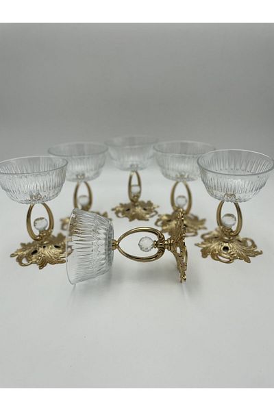 Fiyakalı Ürünler Atölyesi 6-Piece Gold Footed Pasabahce Freesia Glass Bowl, Ice Cream Bowl, Snack Bowl, Jam Bowl, Presentation Bowl