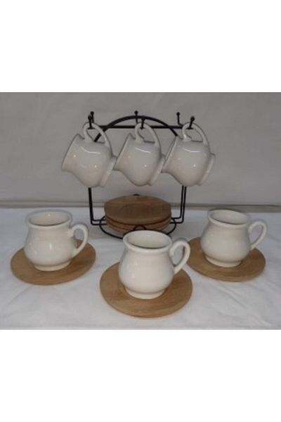 ACAR White Cup with Bamboo Plate Set of 6