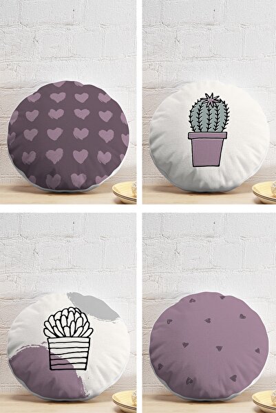 Realhomes 4'lü Kalp & Kaktüs Özel Tasarım Dijital Baskılı Modern Yuvarlak Yas...