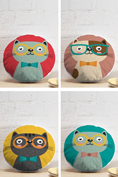 Realhomes 4'lü Renkli Sevimli Kedicik Baskılı Yuvarlak Yastık Kırlent Kılıf Seti