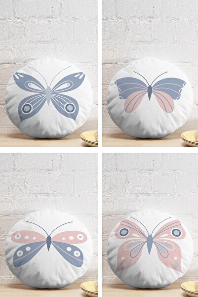 Realhomes 4-Piece White Floor Pink & Blue Butterfly Design Digital Printed Ro...