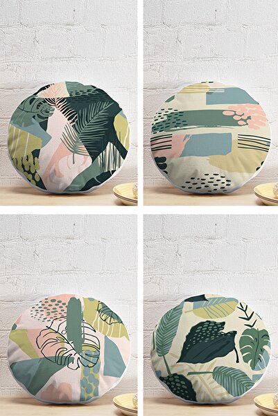 Realhomes 4'lü Renkli Zemin Üzerinde Onedraw Çizimli Yaprak Desenli Modern Yu...