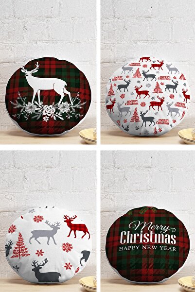 Realhomes مجموعة من 4 أغطية وسائد مستديرة بتصميم غزال لعيد الميلاد المجيد