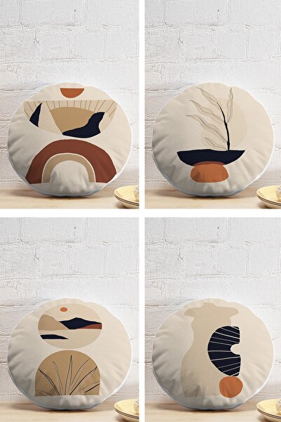 Realhomes 4'lü Krem Zeminli Etnik Tasarımlı Dijital Baskılı Modern Yuvarlak Y...