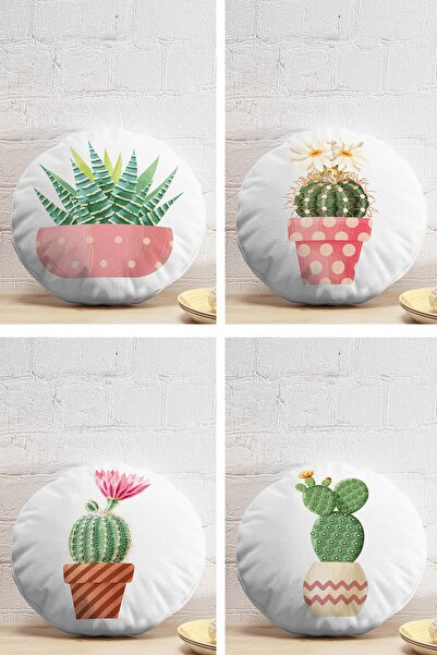 Realhomes 4'lü Sevimli Saksılı Kaktüs Tasarımlı Dijital Baskılı Modern Yuvarl...