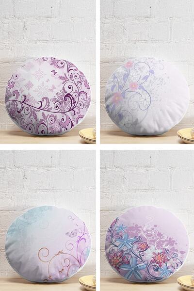 Realhomes 4'lü Sarmaşık Çiçekler Tasarımlı Yuvarlak Yastık Kırlent Kılıf Seti