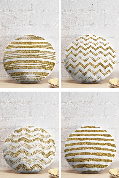 Realhomes 4-Piece Gold Detailed Geometric Patterned Modern Round Pillow Throw...