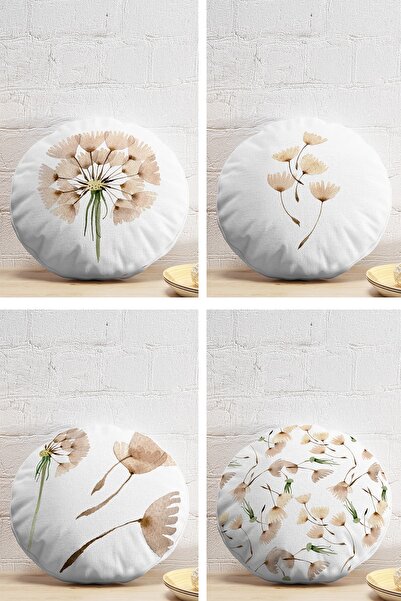 Realhomes 4'lü Beyaz Zemin Üzerinde Çiçek Desenli Modern Yuvarlak Yastık Kırl...