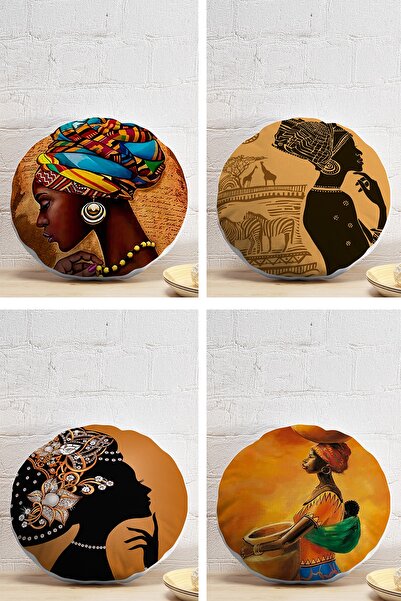 Realhomes 4'lü Afrika Kadın Temalı Modern Dekoratif Yuvarlak Yastık Kırlent K...