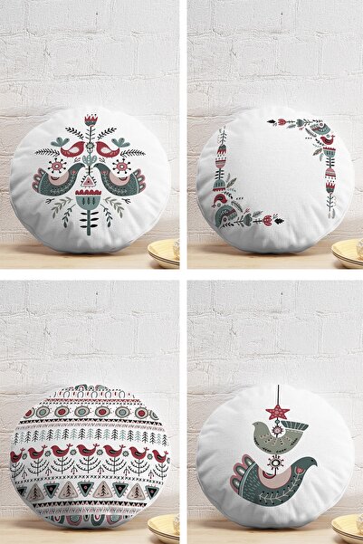 Realhomes 4'lü Etnik Kuş Tasarımlı Dijital Baskılı Modern Yuvarlak Yastık Kır...