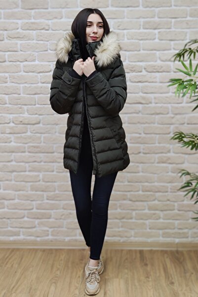PIQUE Kadın Yasmin22 Yakası Suni Kürklü Çıkarılabilir Kapüşonlu Şişme Kaban
