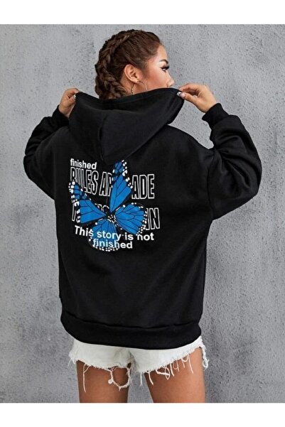 Deocept Hanorac negru oversize pentru damă, cu glugă, imprimat cu fluturi