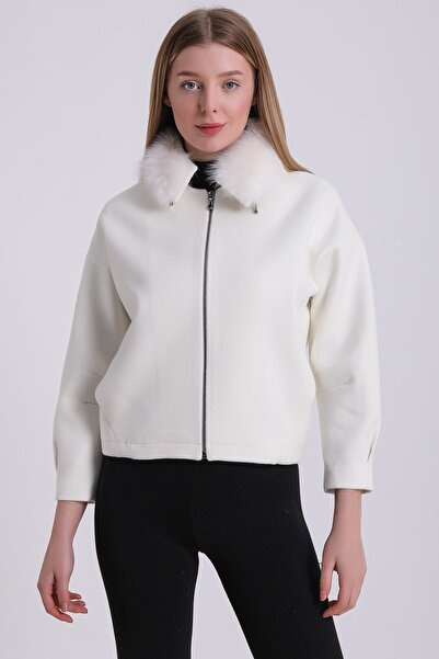 Leather Club Beyaz Fox Aksesuarlı Kaşmir Ceket