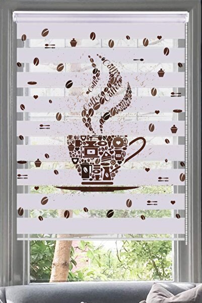 Lotus Kahve Desenli Zebra Perde - Mutfak - Coffee