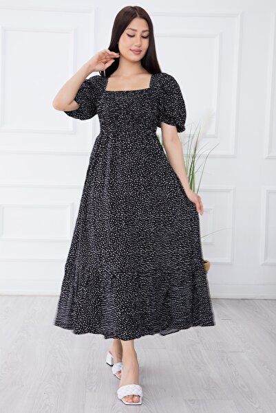 PULLIMM Kadın Siyah Dokuma Gipeli Maxi Elbise 2698