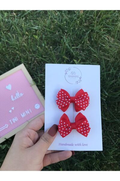 Fleur De Luna Kız Bebek Çocuk 2'li Kırmızı Fiyonk Pens Toka Seti