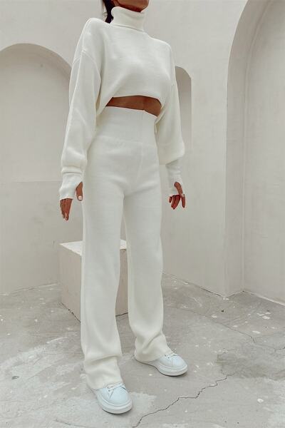 bayansepeti Χειροποίητα ραμμένα Ecru Knitwear Crop Μπλούζα και Ψηλόμεσο Ecru Knitwear Παντελόνι Διπλό Σετ 015