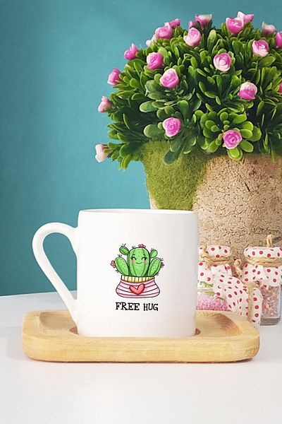 Hedizu Free Hug Cactus Turkish Coffee Cup with Wooden Base