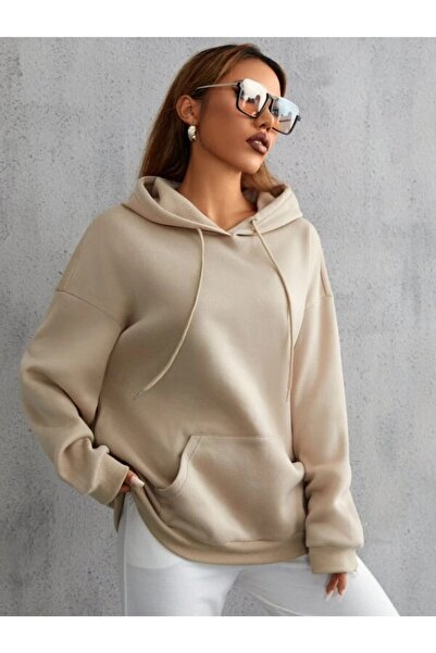 Deocept Γυναικείο μπλουζάκι με κουκούλα oversized κλωστών σε μπεζ χρώμα