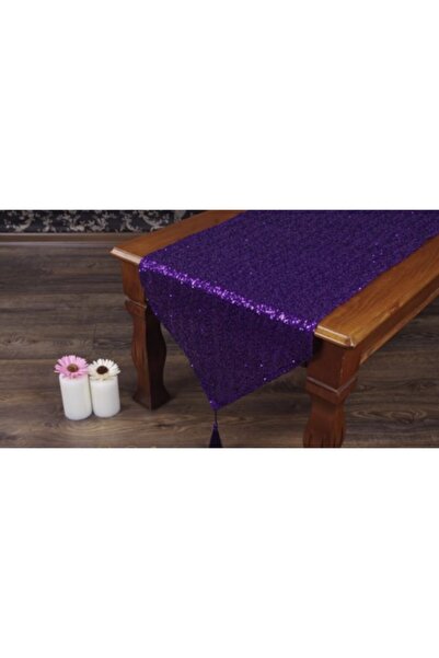 MER HOME Μωβ Τραπεζοστρωματάκι με παγιέτες και φούντες (40x 150)