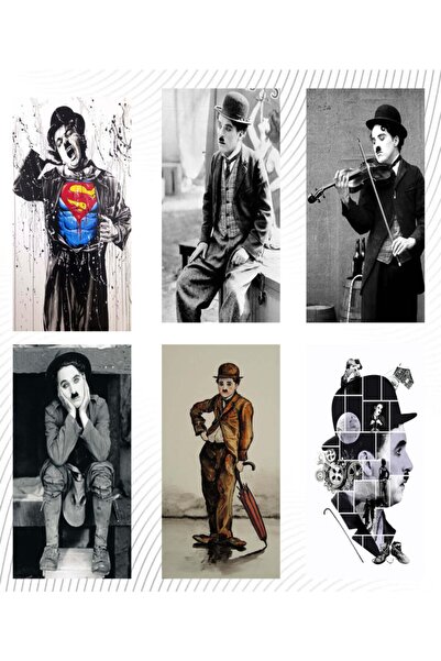 hediyeniburadabul Set de 6 postere din lemn pentru perete Charlie Caplin - Se...