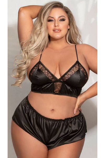 Nightlight - Plus Size, Δαντελένια λεπτομέρεια, Ρυθμιζόμενο λουράκι, Σατέν σουτιέν - Σετ σορτς