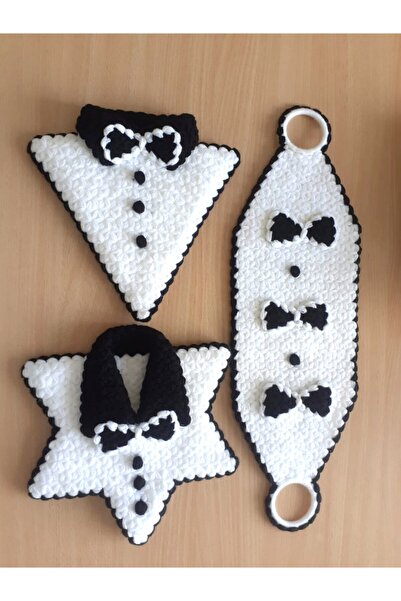 Hediye Dünyası مجموعة من 3 قطع من منشفة العريس باللونين الأبيض والأسود محبوكة...