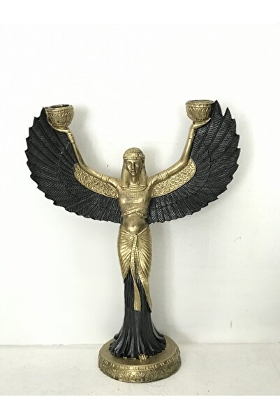 Semart Dizayn Isıs Şamdan Heykeli Dekoratif Mısır Tanrıçası Mumluk Siyah Gold...