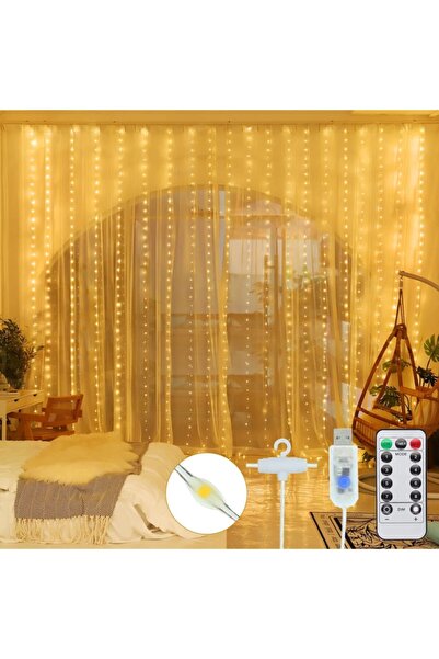 Cooltech Perde Peri Led 300cm*300cm Led Kumandalı 8 Ayrı Moda Sahip 3mx3m Sarı Işık