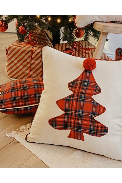 Hestia Home Hestia Home New Year's Red Plaid Pine Tree - Cream Fabric, Ribbed...