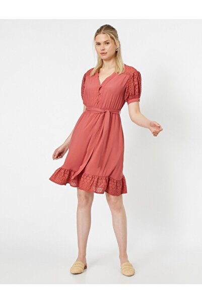 Koton Γυναικείο Ροζ Φόρεμα με V λαιμόκοψη