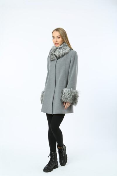 Lalezar Kadın Gri Kürk Detaylı Kemerli Kaban