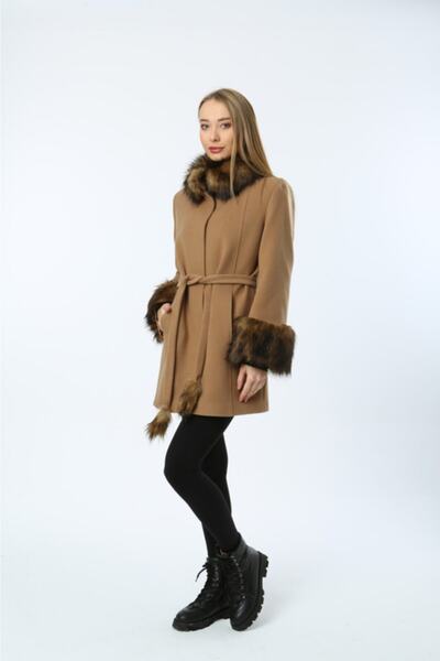 Lalezar Kadın Camel Kürk Detaylı Kemerli Kaban