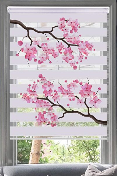 Lotus Çiçek Desenli Zebra Perde - Mutfak Perdesi - Spring