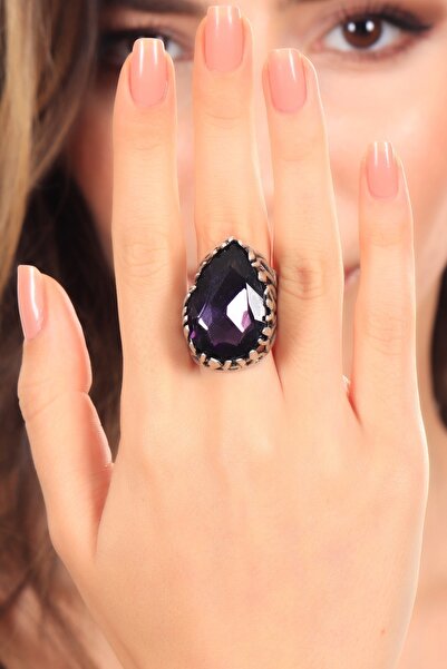 LABALABA Kadın Antik Gümüş Kaplama Mor Renk Taş Detaylı Ayarlanabilir Damla Formlu Tasarım Yüzük