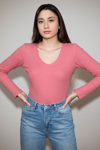 Soyo Γυναικεία Dusty Rose V λαιμόκοψη μακρυμάνικη πλεκτή βασική μπλούζα