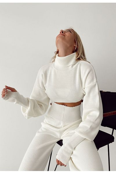 barış sülün lovebox Finger-Cut Ecru Knitwear Crop and High Waist Ecru Knitwear Trousers Set 015