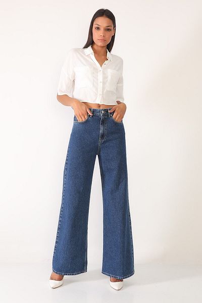 Ramrod Jeans Blugi largi din lycra albastru închis cu talie super înaltă Pantaloni Palazzo