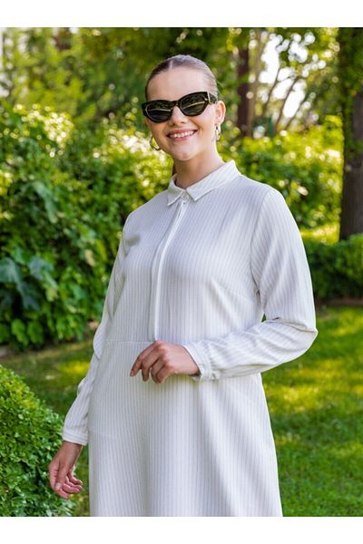 ALİA Women's White Large Size Textured Line Patterned Fit Woven Dress