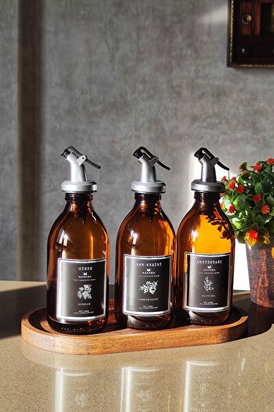 KHAKMA Oval Wooden Stand Amber Olive Oil Pomegranate Syrup Vinegar Bottle Oil Pot Set of 3 300ml Sm3ç-st
