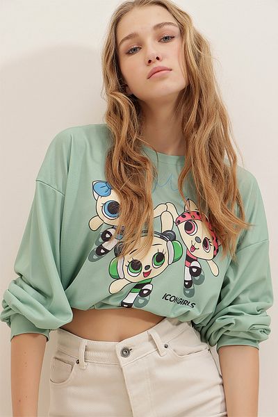 Trend Alaçatı Stili Sweatshirt - Grün - Figurbetont