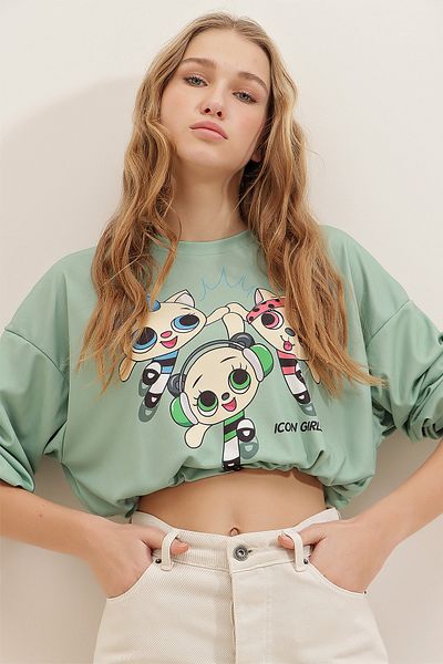 Trend Alaçatı Stili Sweatshirt - Grün - Figurbetont