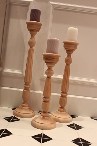 ihya cncahşap Doğal Ahşap Salon Tipi 3 lü Greek Şamdan Mumluk Seti