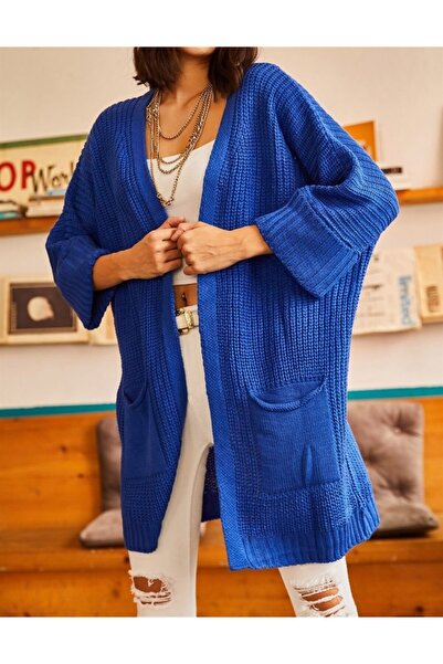 Genel Markalar Kadın Duble Katlamalı Kol Cepli Oversize Beden Uzun Saks Mavis...