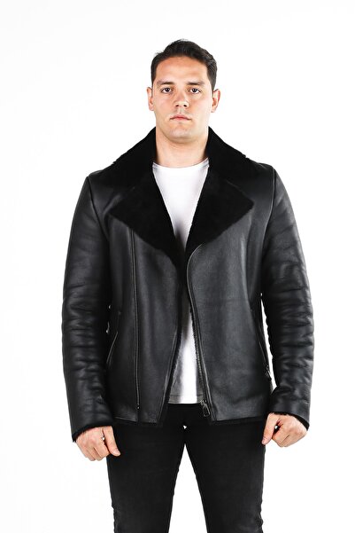 Siyah Erkek Hakiki Kürk Biker Model Mont