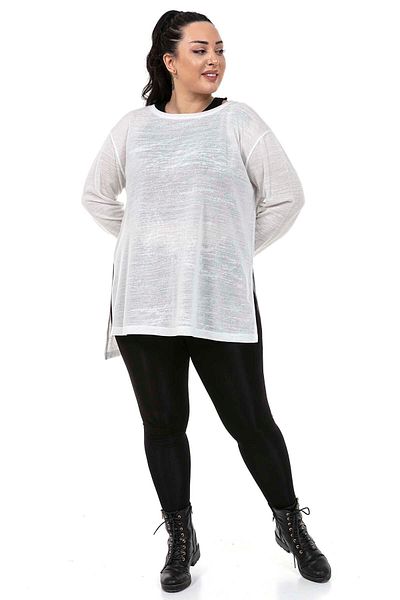DISENTIS MODEST Plus Size Boat Neck White Blouse with Slit Detail on the Sides