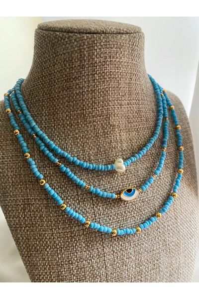 Lucky Designs قلادة مجموعة ثلاثية زرقاء